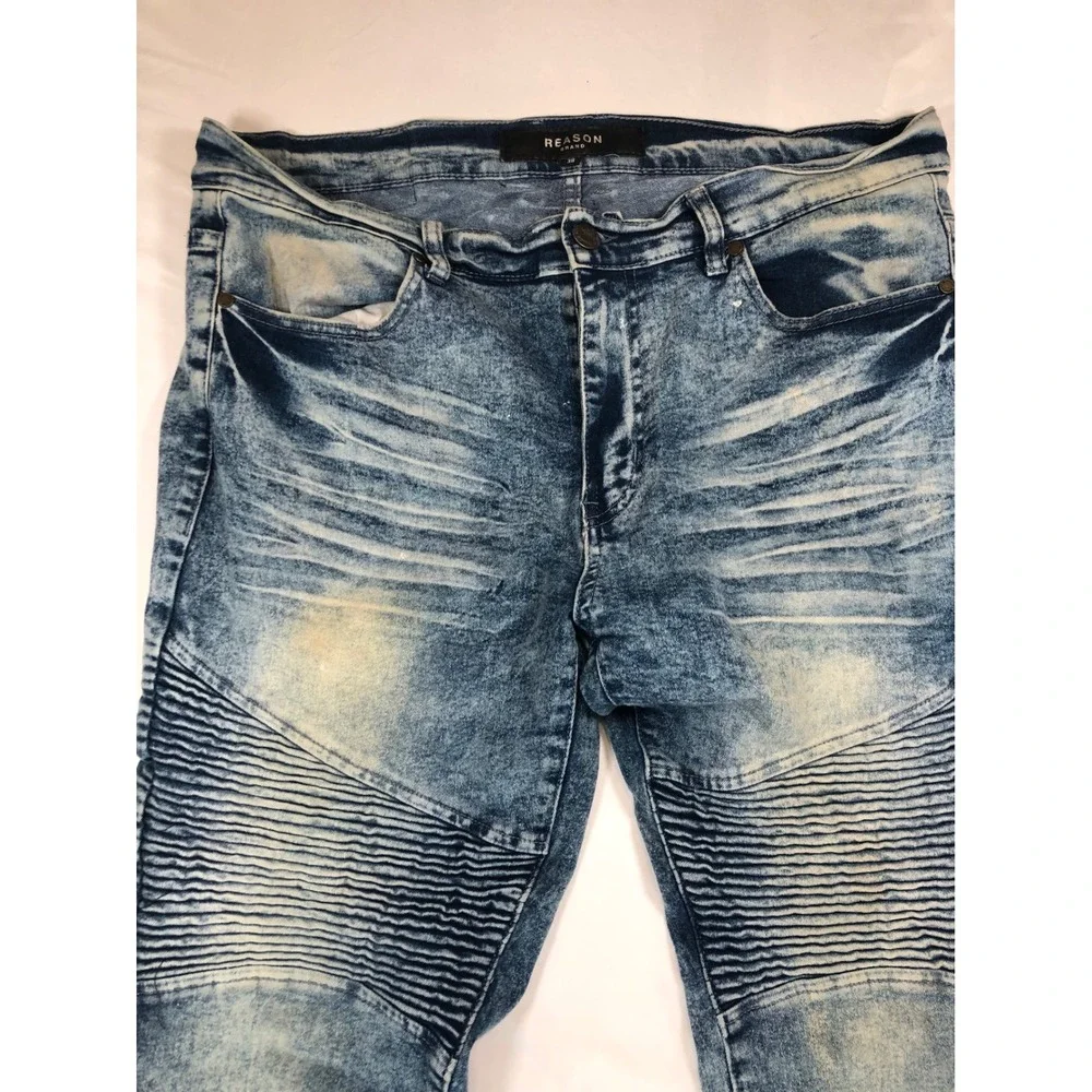 Reason Brand Mens Moto Biker Jeans Acid Wash Blue Distressed Slim Straight 38x30